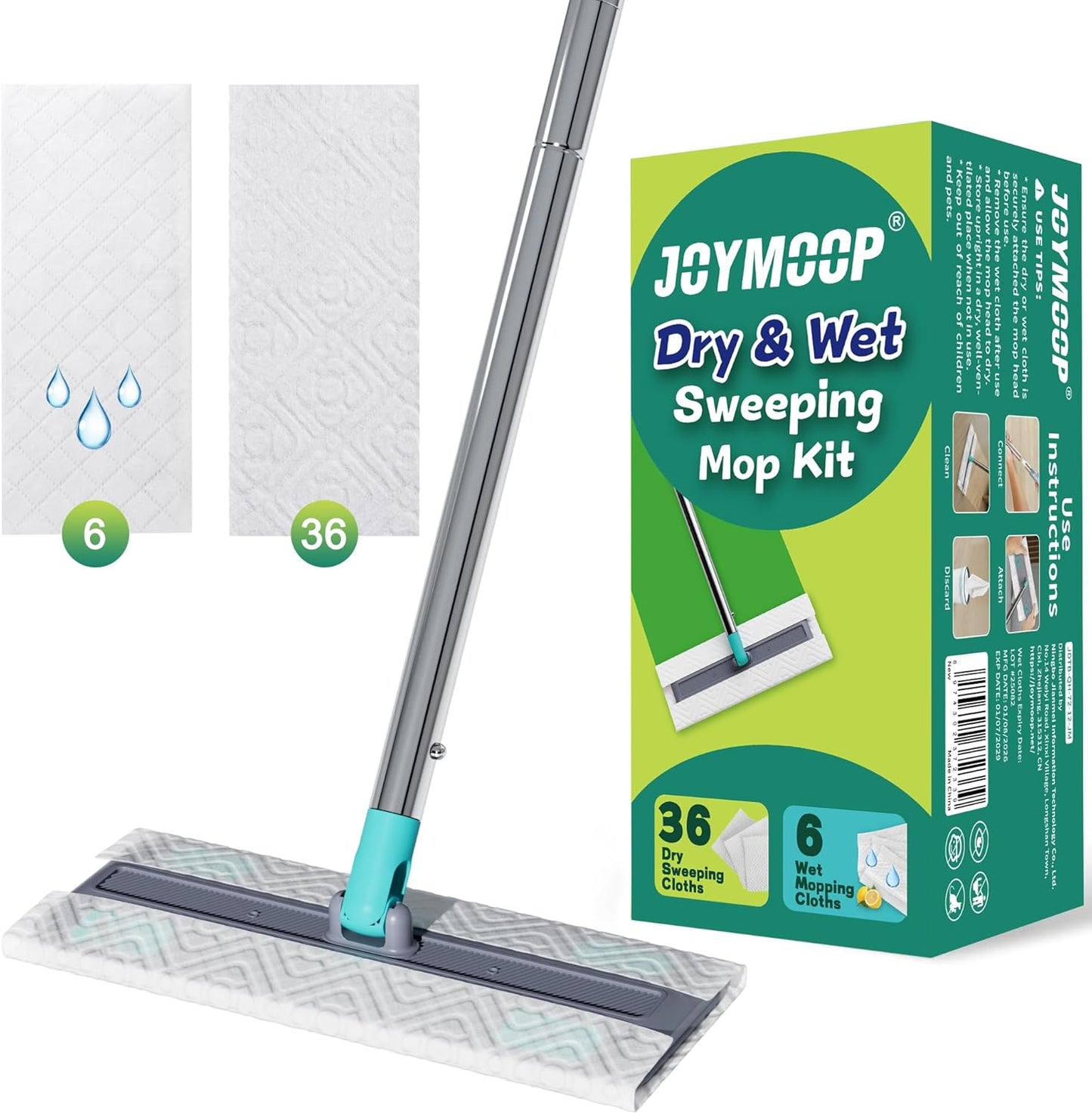 JOYMOOP Hands Free Multi Purpose Flat Mop, Dust Mop for Pet Hair and Floor, 36 Dry + 6 Wet Refills, Turquoise-Cyan & Muted Grey
