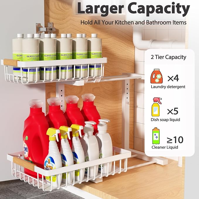 Under Sink Organizer Storage 1 pack, 2 Tier Slide Out Height Adjustable Pull - Image 2