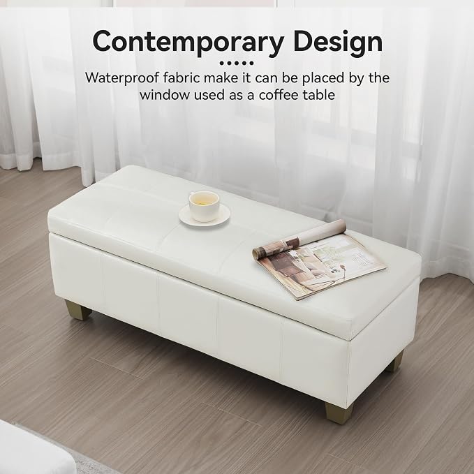 41" Faux Leather Storage Ottoman, Stitch Tufted Rectangle Upholstered End of - Image 7