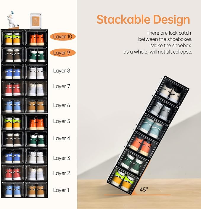 12 Pack Shoe Boxes Stackable, Upgraded Sturdy Shoe Storage Boxes - Image 4