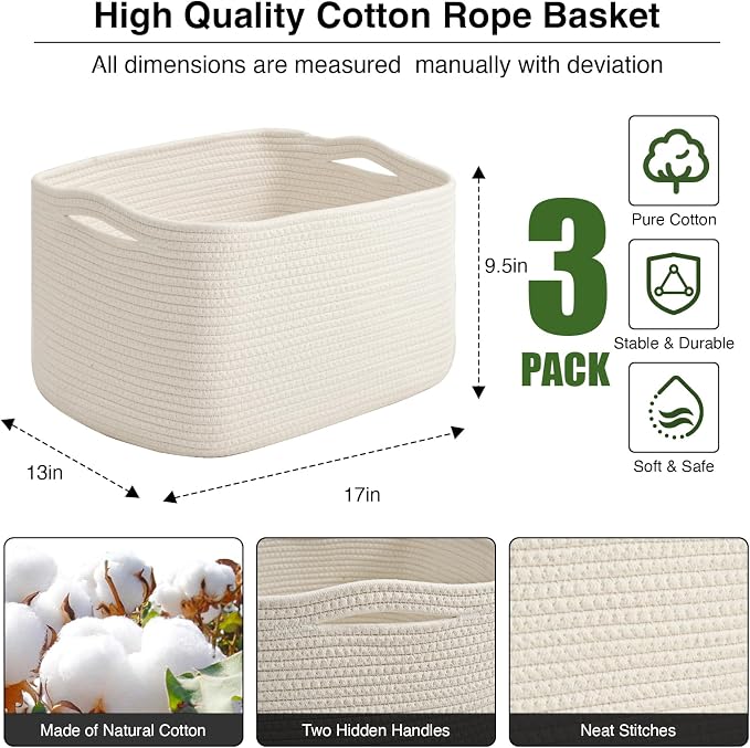 Large Storage Baskets for Organizing Shelves, Woven Cotton Rope Bins for Baby - Image 3