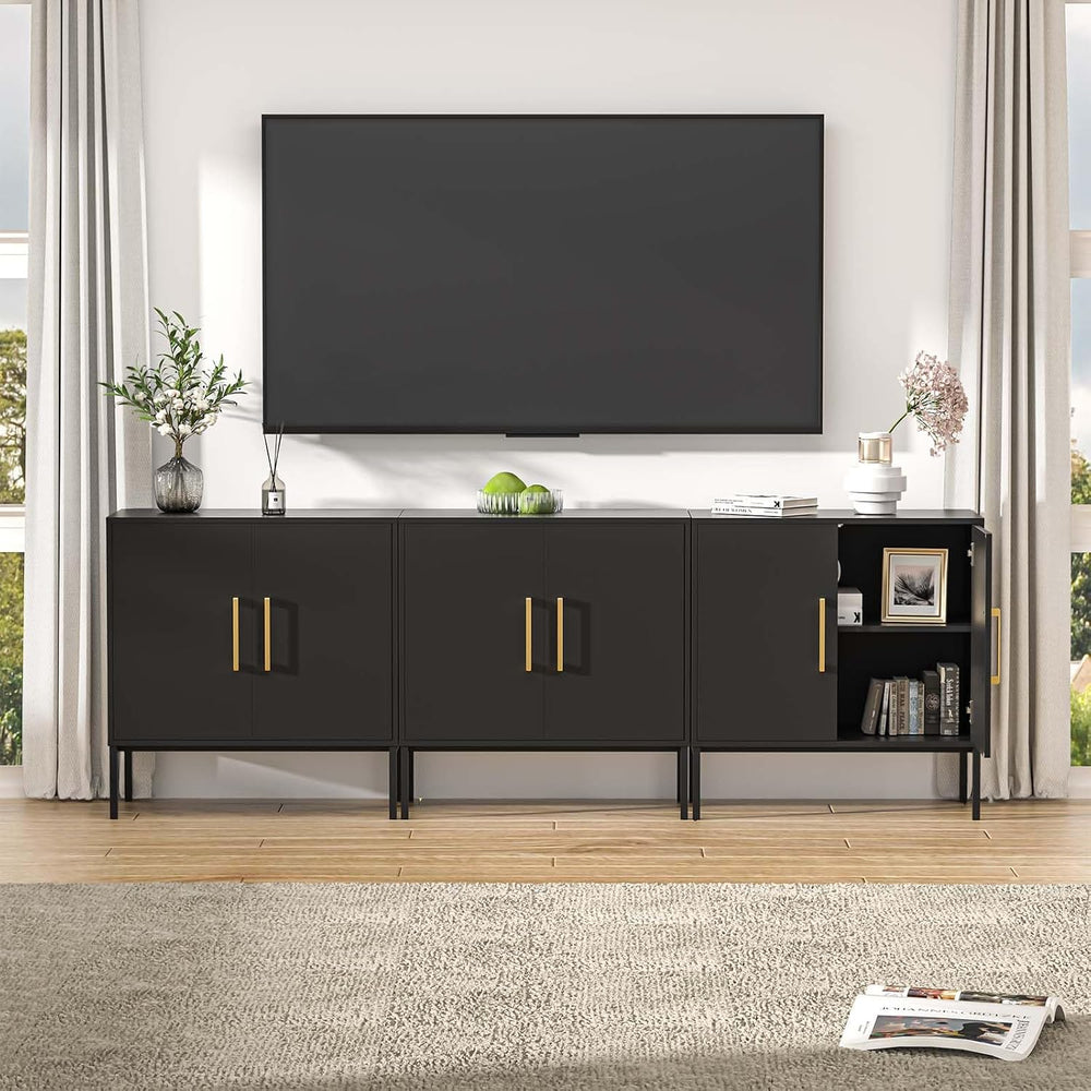 Set of 3 Storage Cabinets with Adjustable Shelf and Gold Handle, Black丨Buffet...