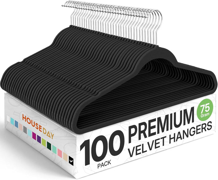 HOUSE DAY Premium Velvet Hangers, Non-Slip Flocked Felt, Sturdy Coat & Suit Hangers for Closet Space Saving (100 Pack, Black)