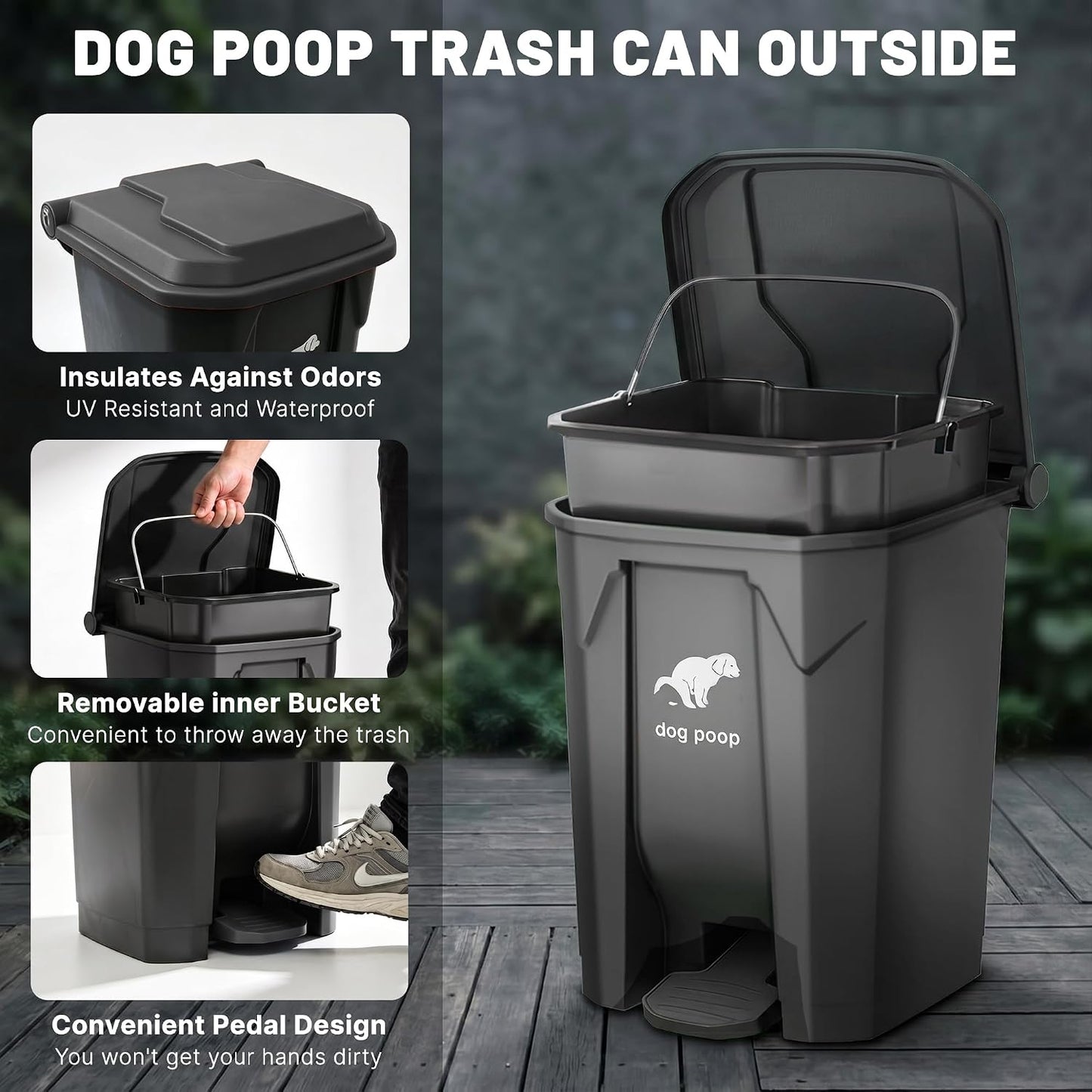 Dog Poop Trash Can Outside - 20L/5Gal Pooper Scooper Sets and Spade, Black | Outdoor Trash Can with Lid, Inner Bucket, Dog Poop Scooper Set, Metal Tray, Rake and Spade, 100 Trash Bags & Storage Box