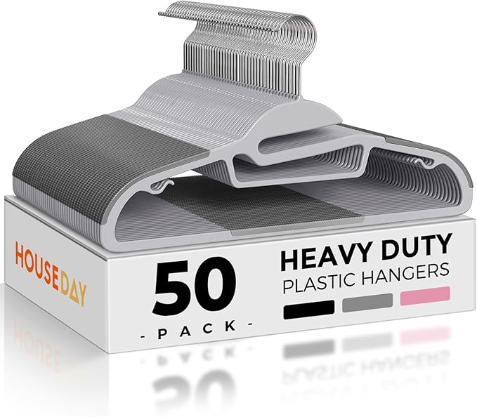 HOUSE DAY Grey Plastic Hangers 50 Pack, Slim Space Saving, Non Slip Hangers by HOUSEDAY