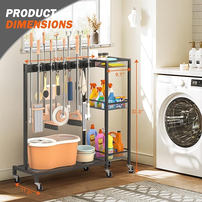 Broom Holder with Cleaning Supplies Organizer, Broom Closet Storage Cabinet - Image 7