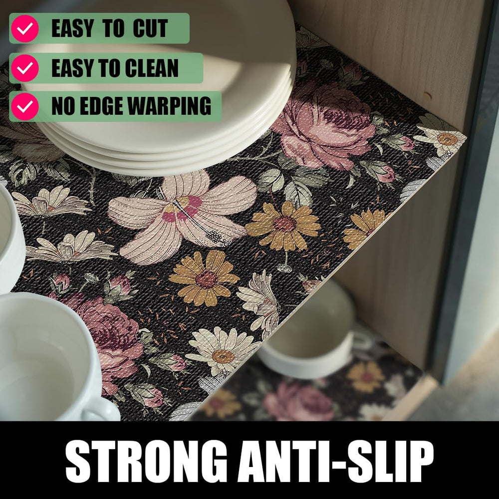 Black Retro Floral Shelf Drawer Liner for Kitchen 24IN x 10FT