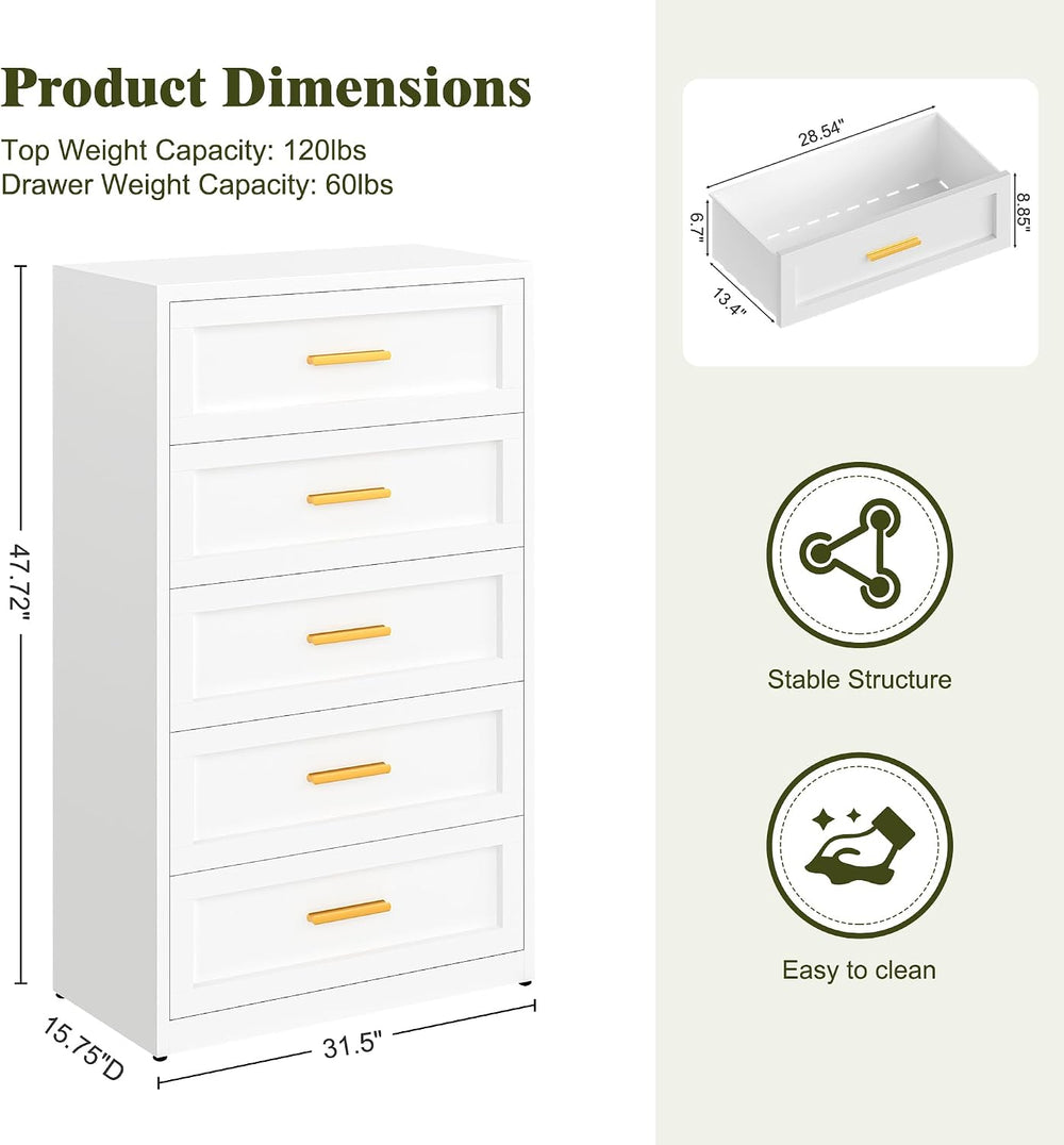 LCAOPC White Metal Dresser with 5 Spacious Drawers, Modern Chest of Drawers w...
