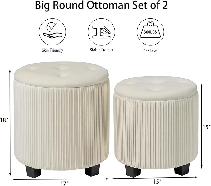 Big Round Ottoman with Storage Set of 2, Upholstered Velvet Vanity Stool