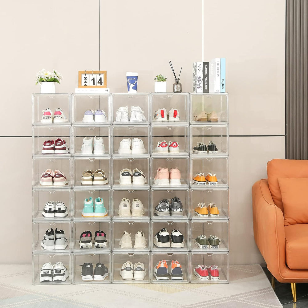 Clear Shoe Storage Boxes Stackable, Display Case With Magnetic Door, 4 Pack A...