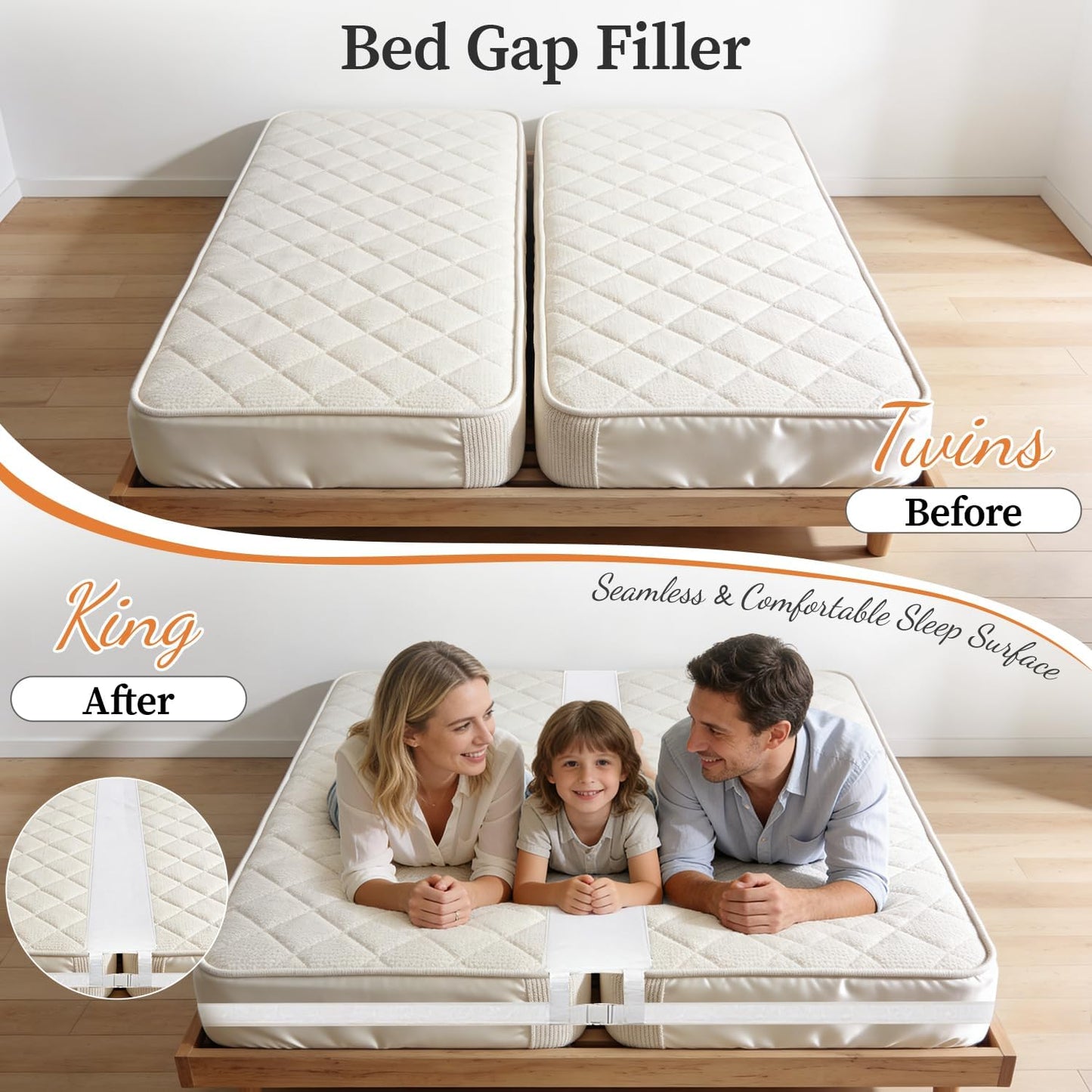 10" Wide Bed Bridge Twin to King, Split King Gap Filler for Adjustable Bed, High Density Foam Bed Gap Filler, Heavy Duty Strap, Ideal for Family Guest Room Hotel Vacation Use