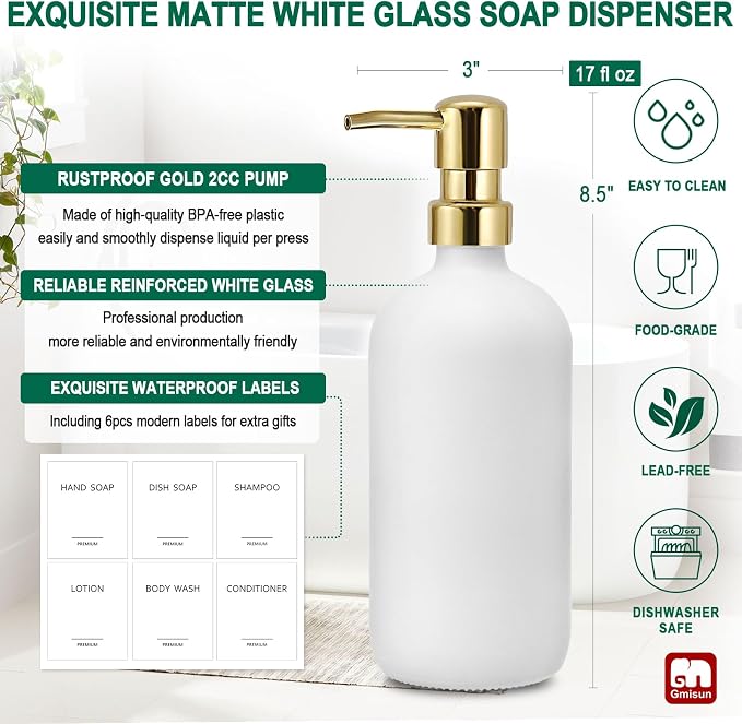GMISUN White Soap Dispenser, 2 Pack Glass Hand Soap Dispensers Bathroom - Image 3