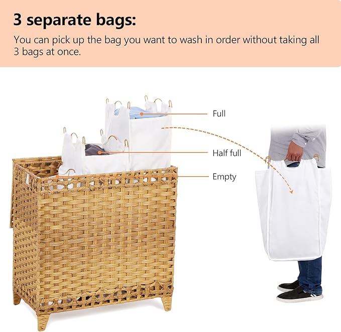 Laundry Hamper with 3 Removable Liner Bags; 132L Handwoven Rattan Laundry - Image 3