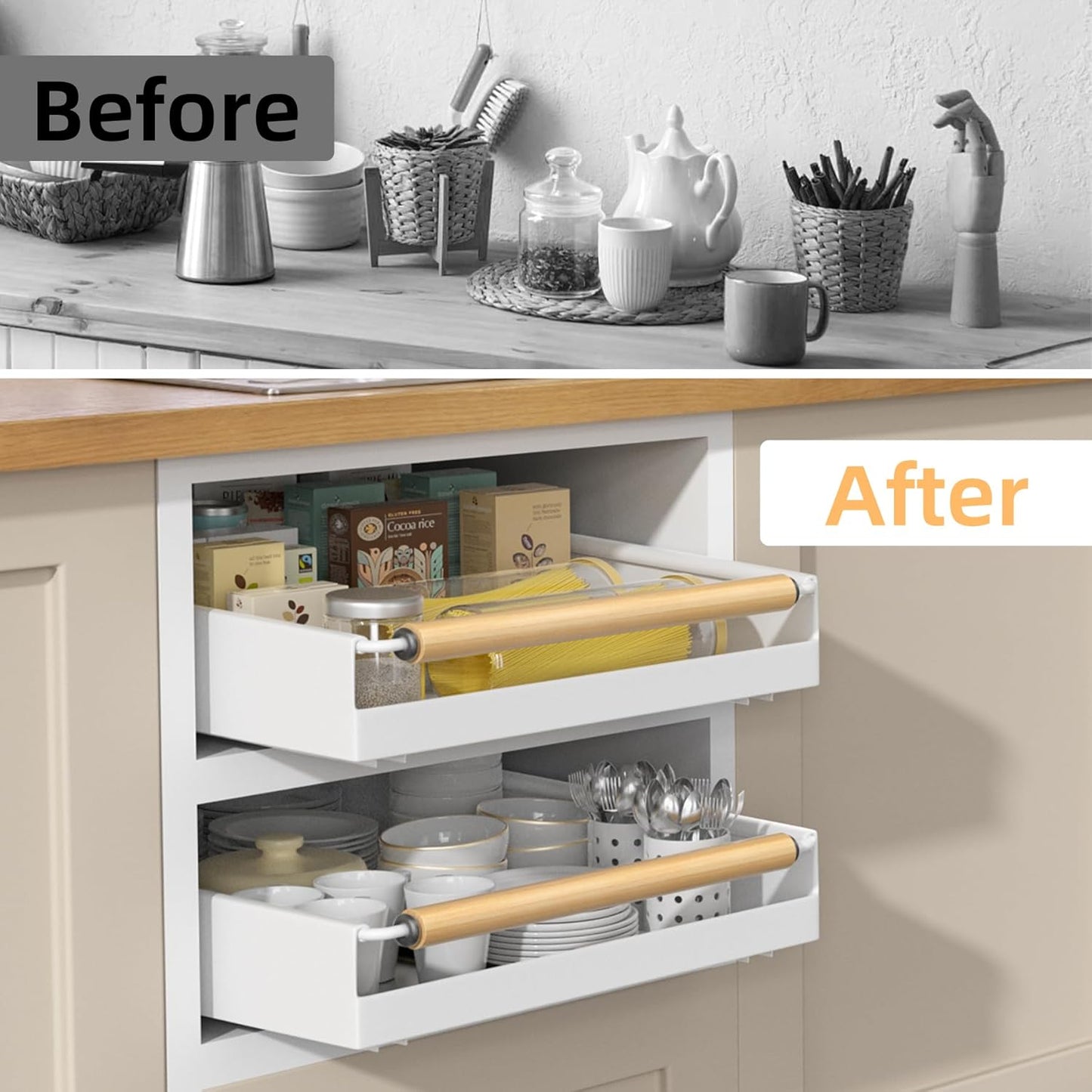 2 Pack No-Drill Pull Out Cabinet Organizer 15.3'' Deep Expandable Slide Out Drawers for Kitchen Pantry & Under Sink Storage, Adhesive Nano Film Mount, White