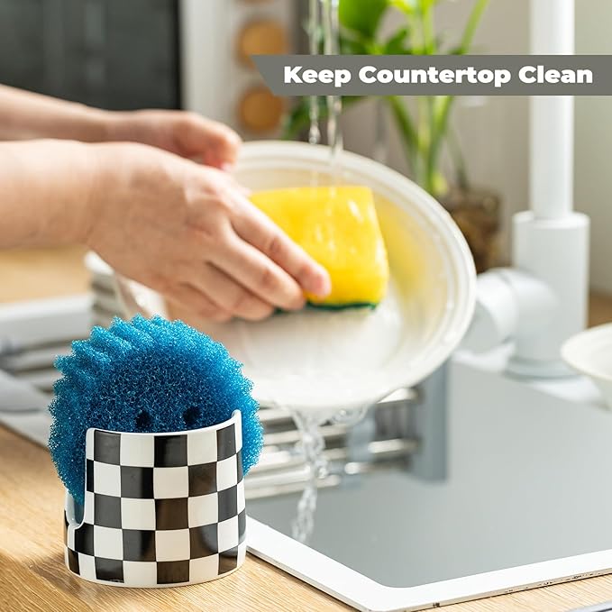 Checkered Kitchen Sink Sponge Holder, Dish Sponge Rack Ceramic Brush Holder - Image 6