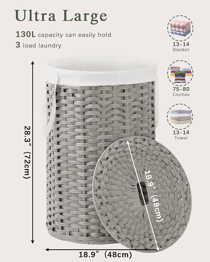 Large Laundry Hamper Laundry Basket Round 34.3 Gal Handwoven Wicker Laundry - Image 4
