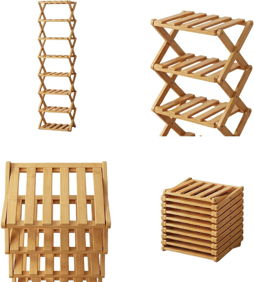 Foldable Bamboo Shoe Rack, 9-Tier No Assembly Shoe Organizer, Space-Saving Fr...
