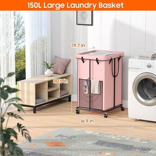 150L Laundry Hamper with Wheels, Rolling Laundry Basket with Metal Frame and - Image 2