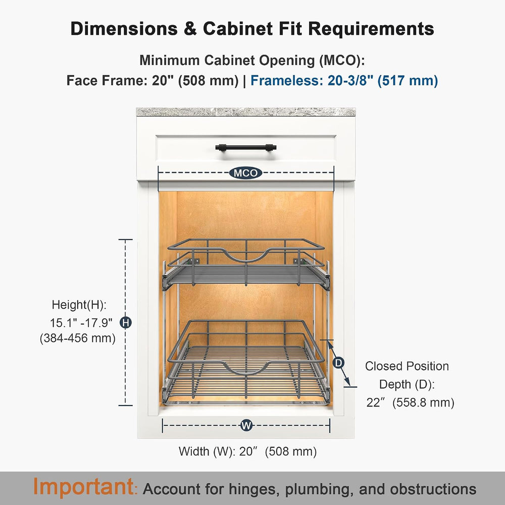 2 Tier Pull Out Cabinet Organizer - 20" W x 22" D Soft Close Slide ...