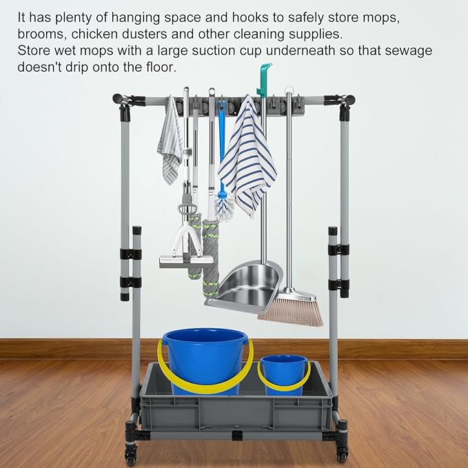 Rolling Cleaning Cart with Mop & Broom Organizer, Movable Floor-Mounted Mop - Image 2