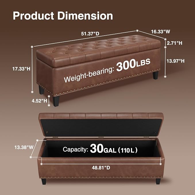 Storage Ottoman Bench, 51-Inch Large Storage Bench - Image 2