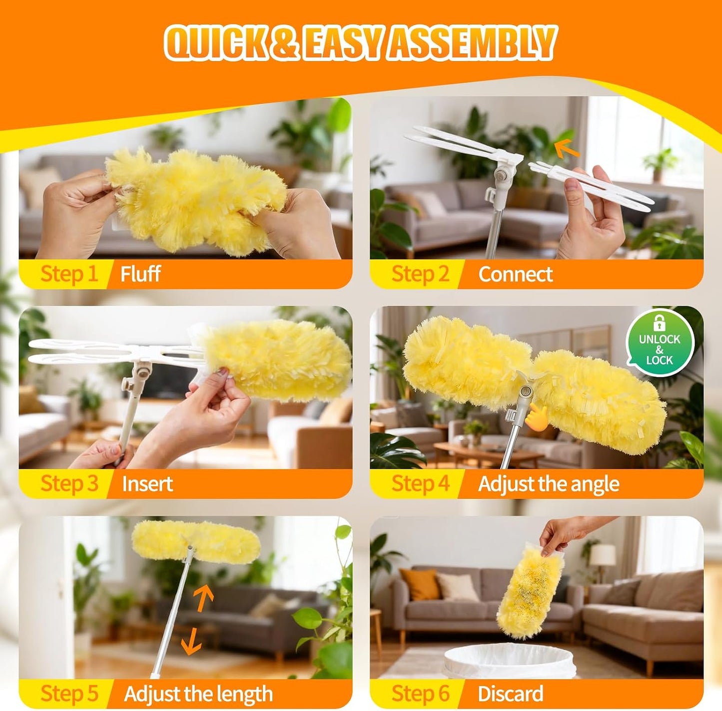 60 Count 360° Heavy Duty Duster Refills with 6 ft Extendable Handle, Compatible with Swiffer Duster, 4X Electrostatic Microfiber Disposable Duster Kit for Home, Office & High Reach Cleaning