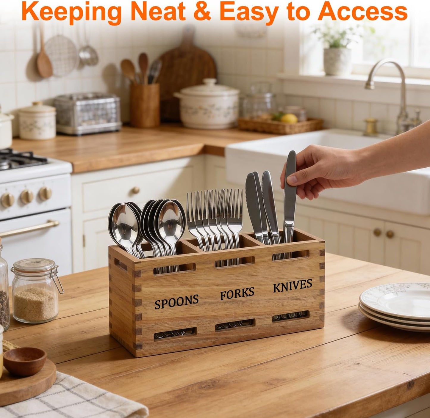 Flatware Silverware Caddy Party Acacia Wood Cutlery Utensil Holder Counter | Small Wooden Cutlery Silverware Organizer Table Spoon and Fork Holder Picnic Utensil Caddy Farmhouse Kitchen Decor