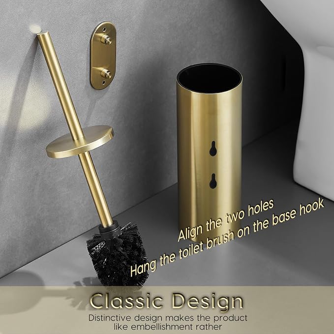 Gold Brushed Stainless Steel Toilet Brush and Cover, No-Punch Hook Base Dual - Image 5
