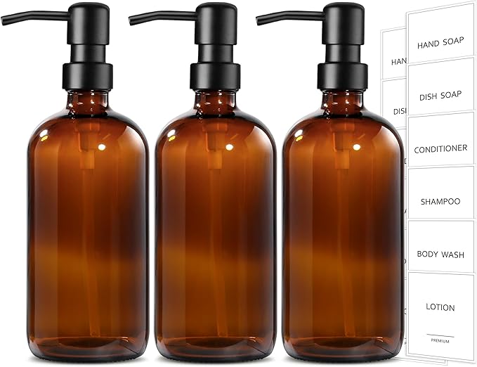 GMISUN Shampoo and Conditioner Dispenser, 3 Pack Amber Glass Bathroom Shampoo by GMISUN