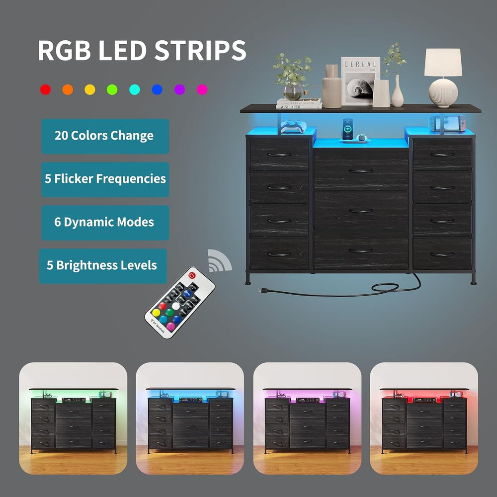 LUMTOK 11 Drawers Dresser with LED Light&Shelf,Dresser tv Stand for Bedroom