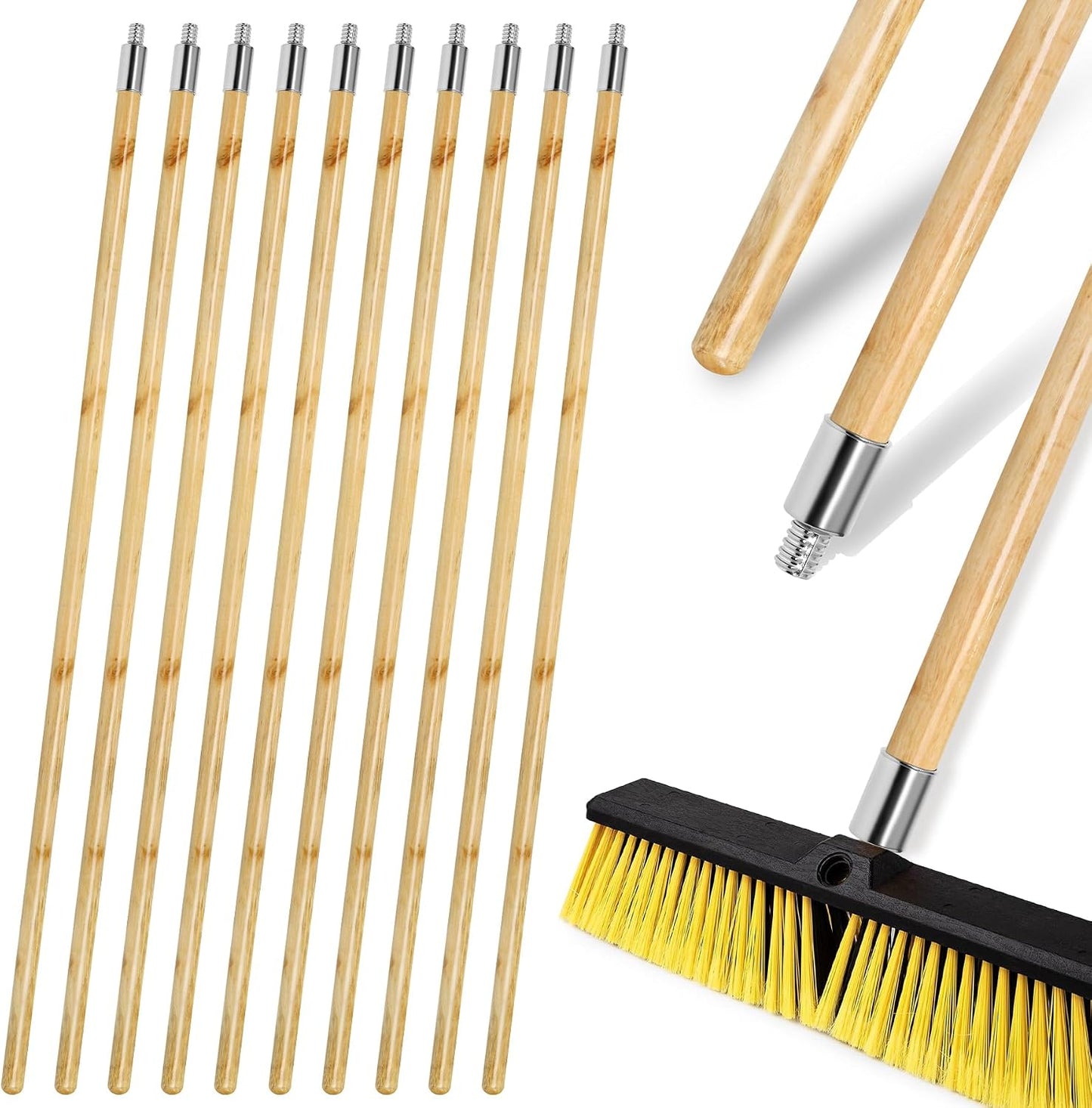 57-inch Wooden Broom Handle with Metal Threaded End, Sturdy Wood Broom Stick Pole for Home and Commercial Floor Cleaning(10 Pack)