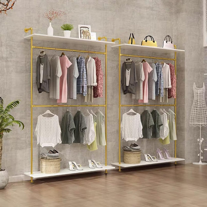 Industrial Clothing Store 2-Tier Pipe and Wood Garment Rack,Wall Mounted Storage Clothes Shoe Bag Hanging Shelves,Retail Shop Clothes Display Stands (Gold, One Pipe Shlef, 55.2" L)