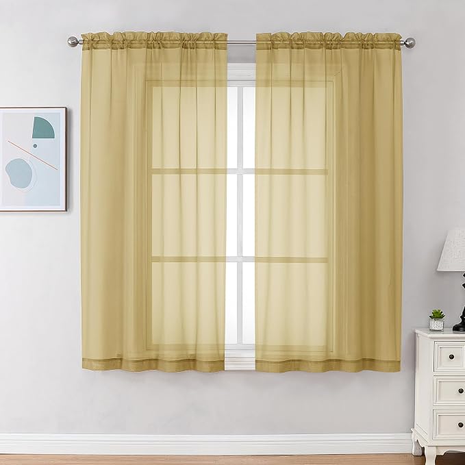 Chyhomenyc Gold Sheer Curtains 63 Inch Length 2 Panels, Rod Pocket Solid Window by Chyhomenyc