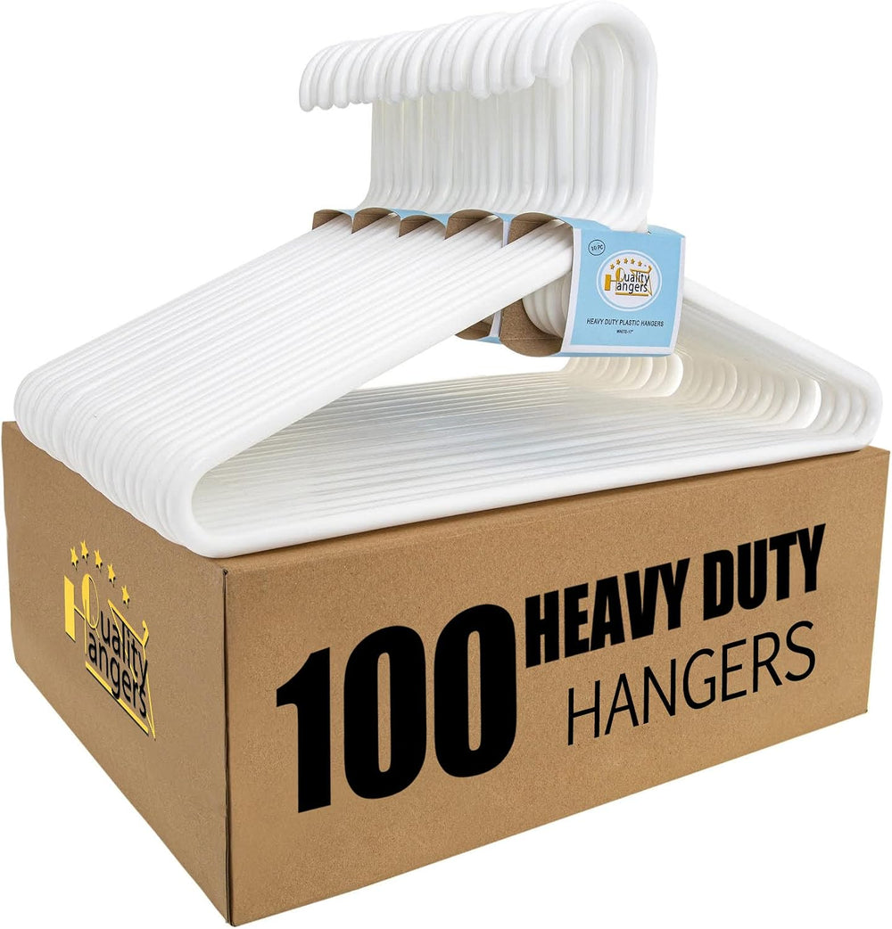 Quality White Plastic Hangers 100 Pack - Super Heavy Duty Multipack for Cloth...
