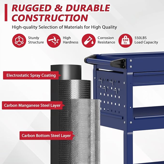 3 Tier Rolling Tool Cart on Wheels, Heavy Duty Service Cart Industrial Utility - Image 2