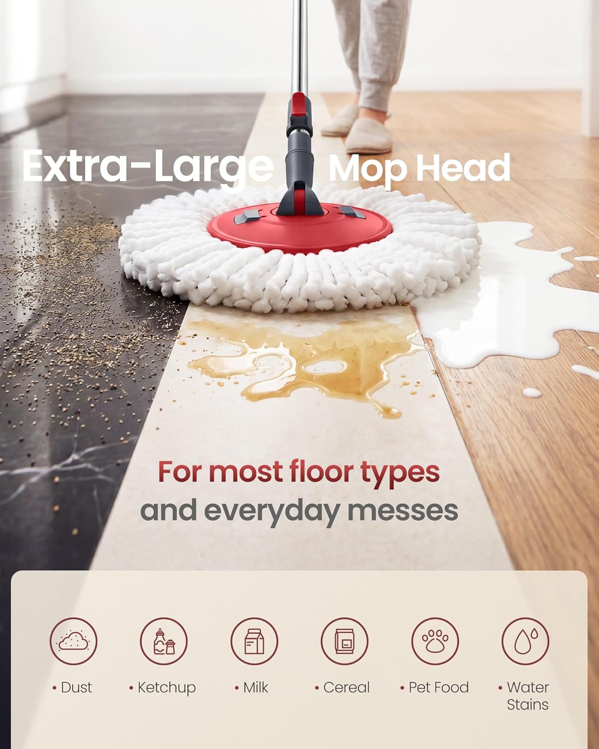 SONGMICS Spin Mop and Bucket Set with Pedal Wringer, Floor Cleaning Mop, Adjustable Telescopic Handle, Max. 59.1-Inch Length, 360° Rotating Head, 4 Microfiber Pads, Gray and Red ULMB002GT04