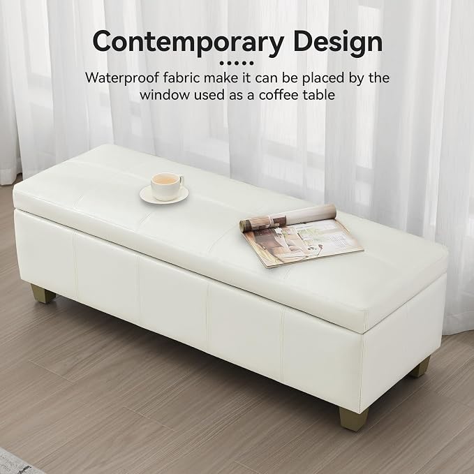 51" Faux Leather Storage Ottoman, Stitch Tufted Rectangle Upholstered End of - Image 7