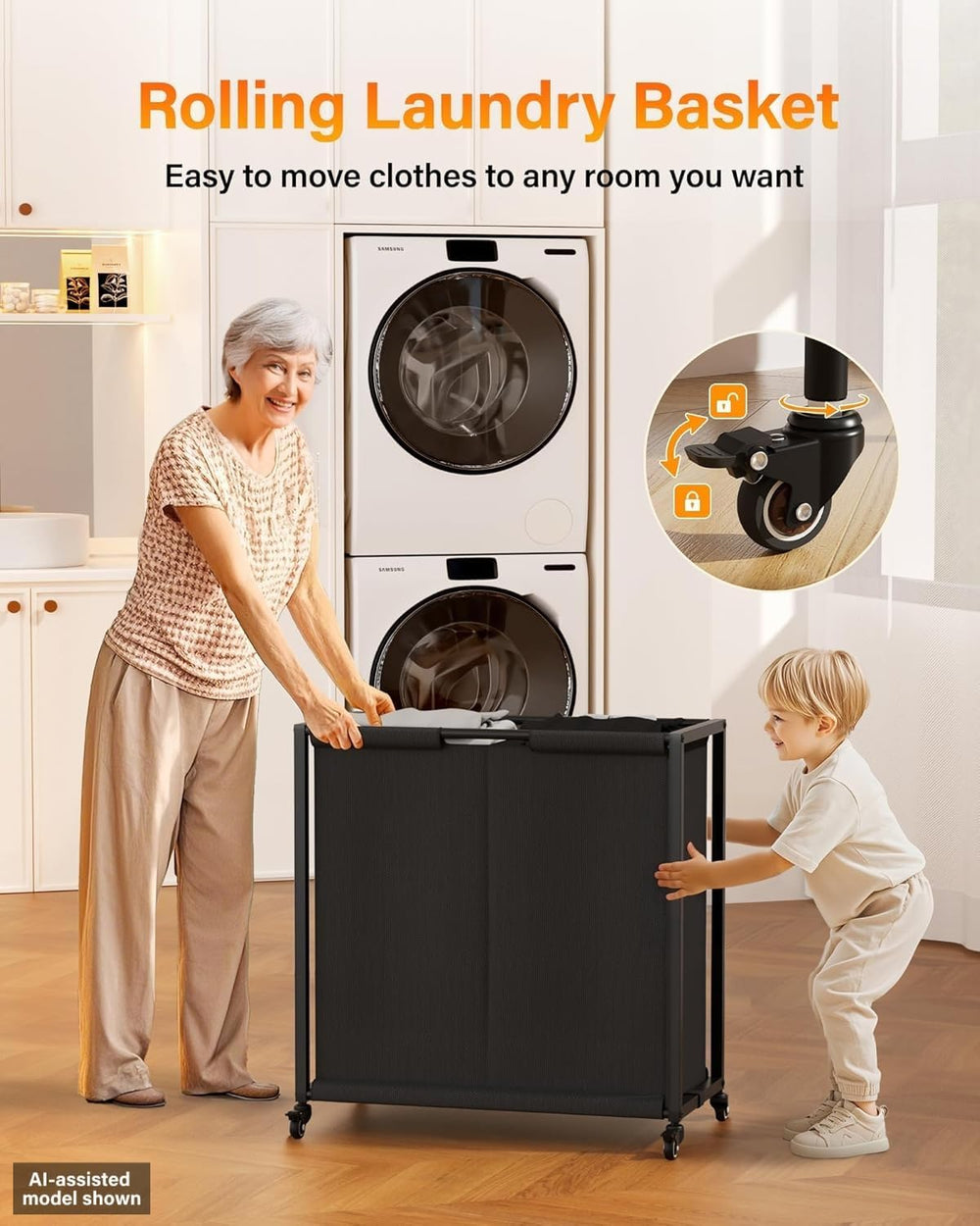 4 Section Rolling Laundry Sorter, Fabric Drawers & Pull-Out Car