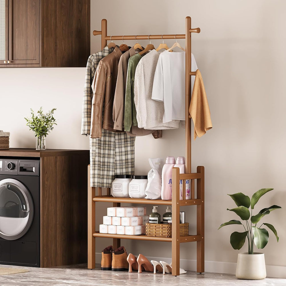 Yoobure Solid Wood Clothing Rack with Shelves - Coat Rack Freestanding with 6...