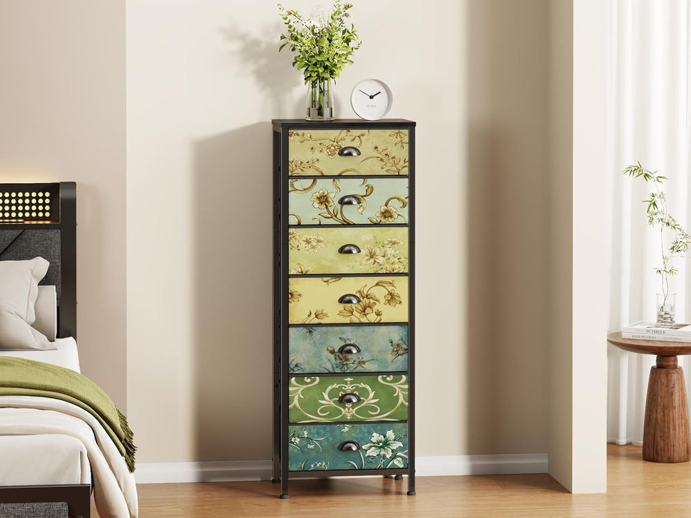 Furnulem 7 Drawer Tall Dresser for Bedroom, Vintage Fabric Chest of Drawers