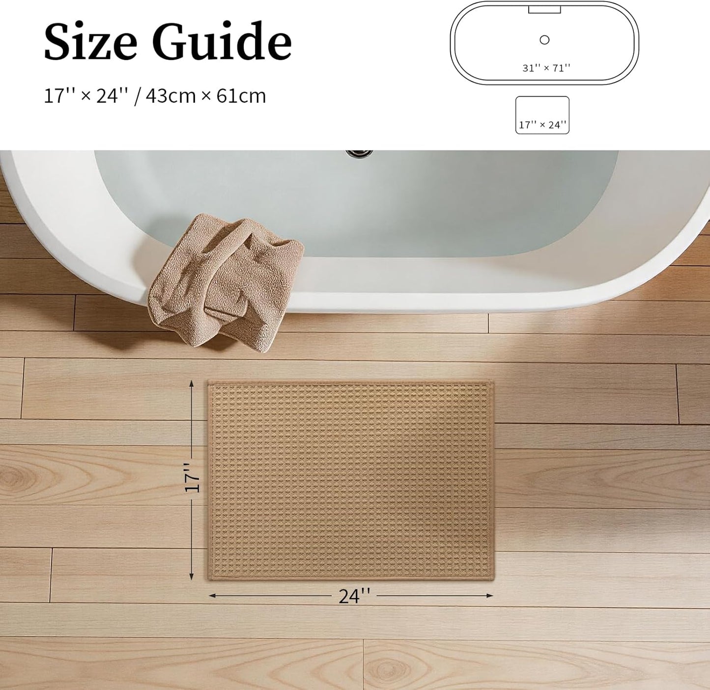 YIHOUSE Waffle Ultra Thin Small Bath Mat, Soft & Absorbent Bathroom Rug, Non-Slip Rubber Backed, Quick Dry Shower Mat, Boho Farmhouse Bathroom Decor, Machine Washable, Khaki, 17 * 24