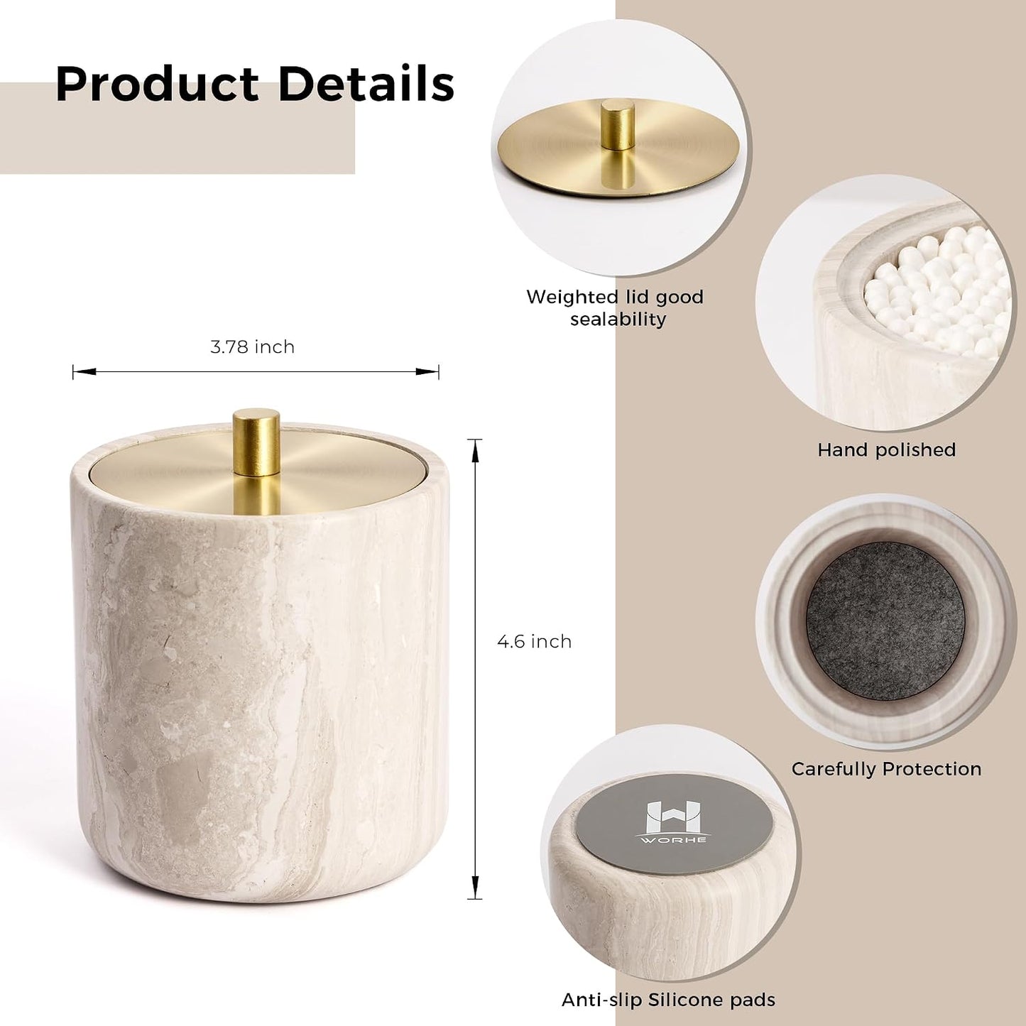 Marble Qtip Holder with Brass Lid for Cotton Swabs,Balls,Pads,Floss Picks Large Capacity Marble Apothecary Jar for Bathroom Essentials Decor, Vanity Makeup Storage Organizer Grey (WH079)