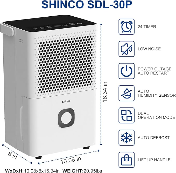 Shinco 30 Pints Dehumidifier for Home and Basements, 1500 Sq.Ft Dehumidifiers - Image 3
