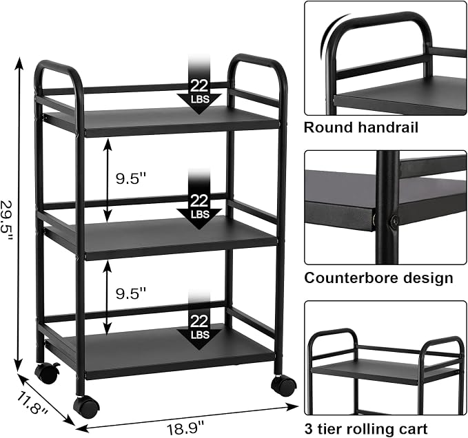 HDANI 3 Tier Rolling Cart Shelves, Heavy Duty Multifunctional Metal - Image 6