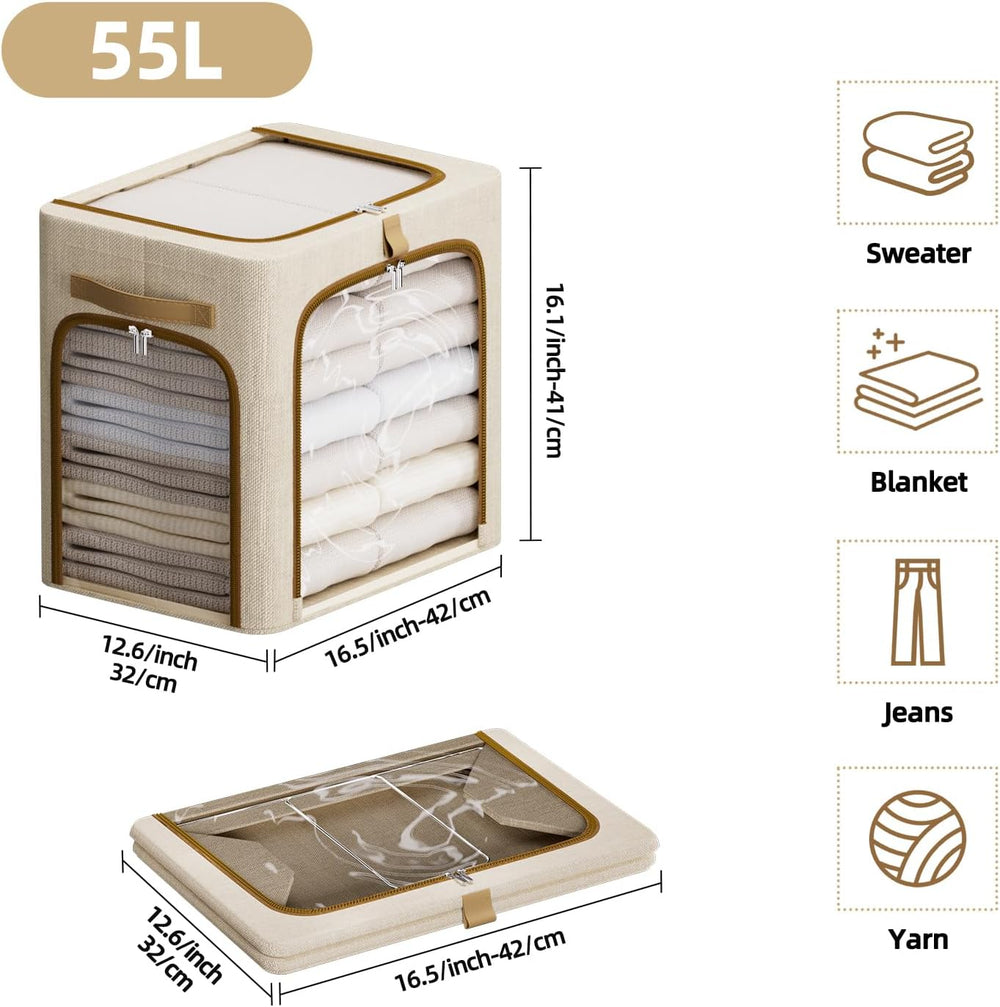 CYhom Clothes Storage Bins with Metal Frame,3 See-Through Windows Openings Cl...
