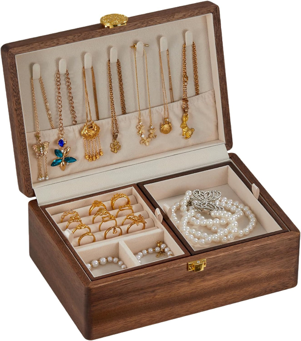 Wooden Jewelry Box For Women Jewelry Organizer Box With Lock 2 Layer Jewelry ...