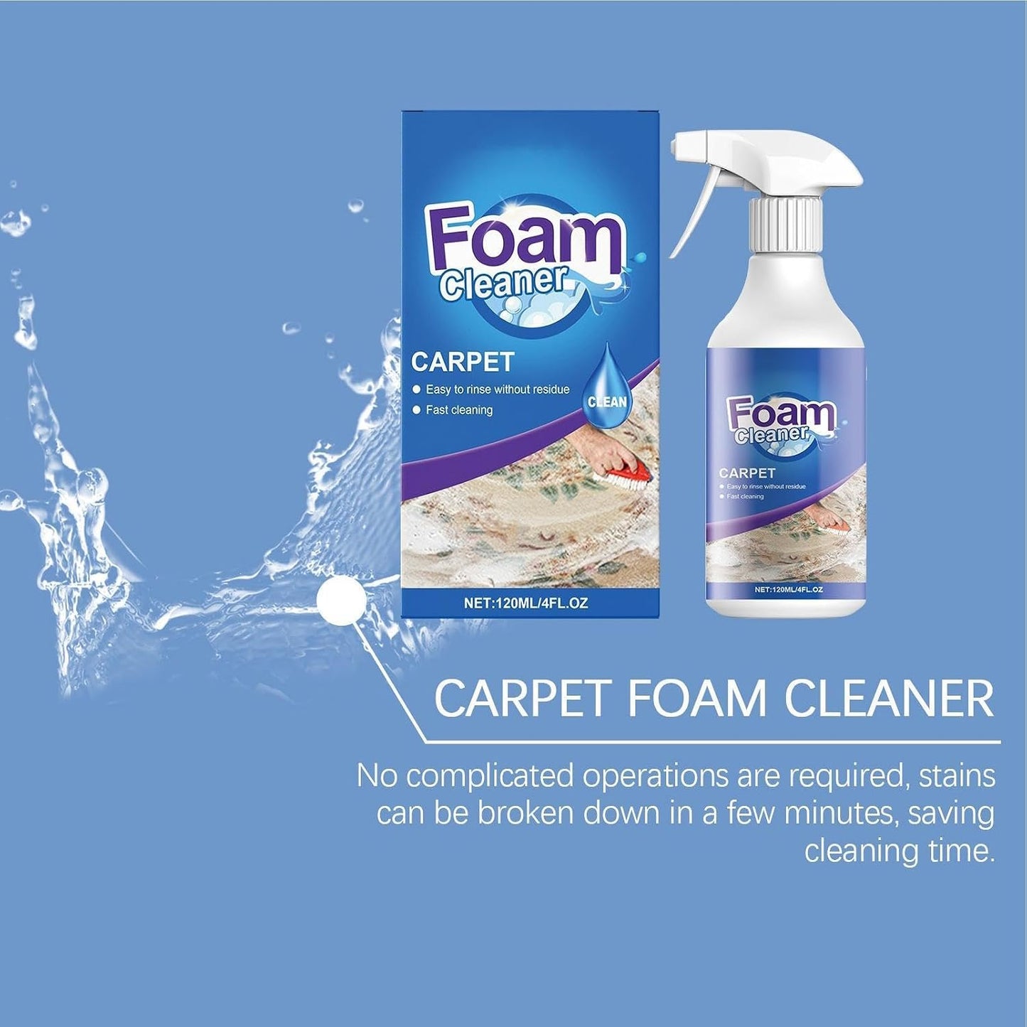 Carpet Spray Cleaner - Upholstery Foam Stain Remover, 2.87 Inches Cleaning Solution with Fast Acting, Agent, Care Product, Odor Eliminator for Stain Breakdown Fiber Hygiene Restoration