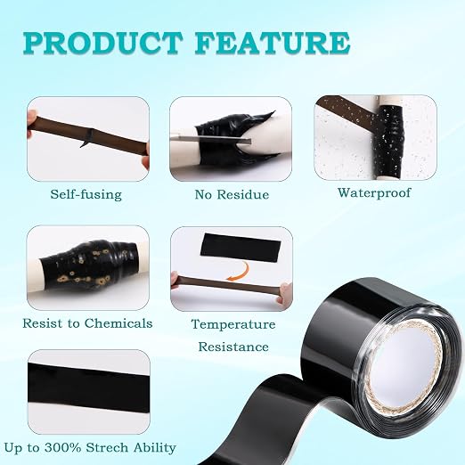 Self Fusing Silicone Tape 1 in x 5' Black Waterproof Rubber Leak Proof Sealing - Image 3