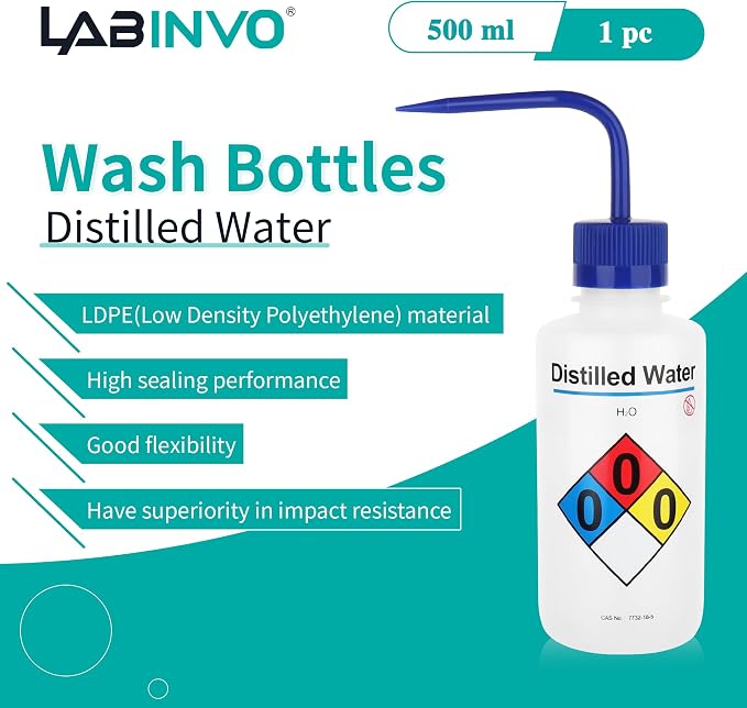 Distilled Water Wash Bottles, Narrow Mouth, Self-Venting Safety Wash Bottles - Image 2