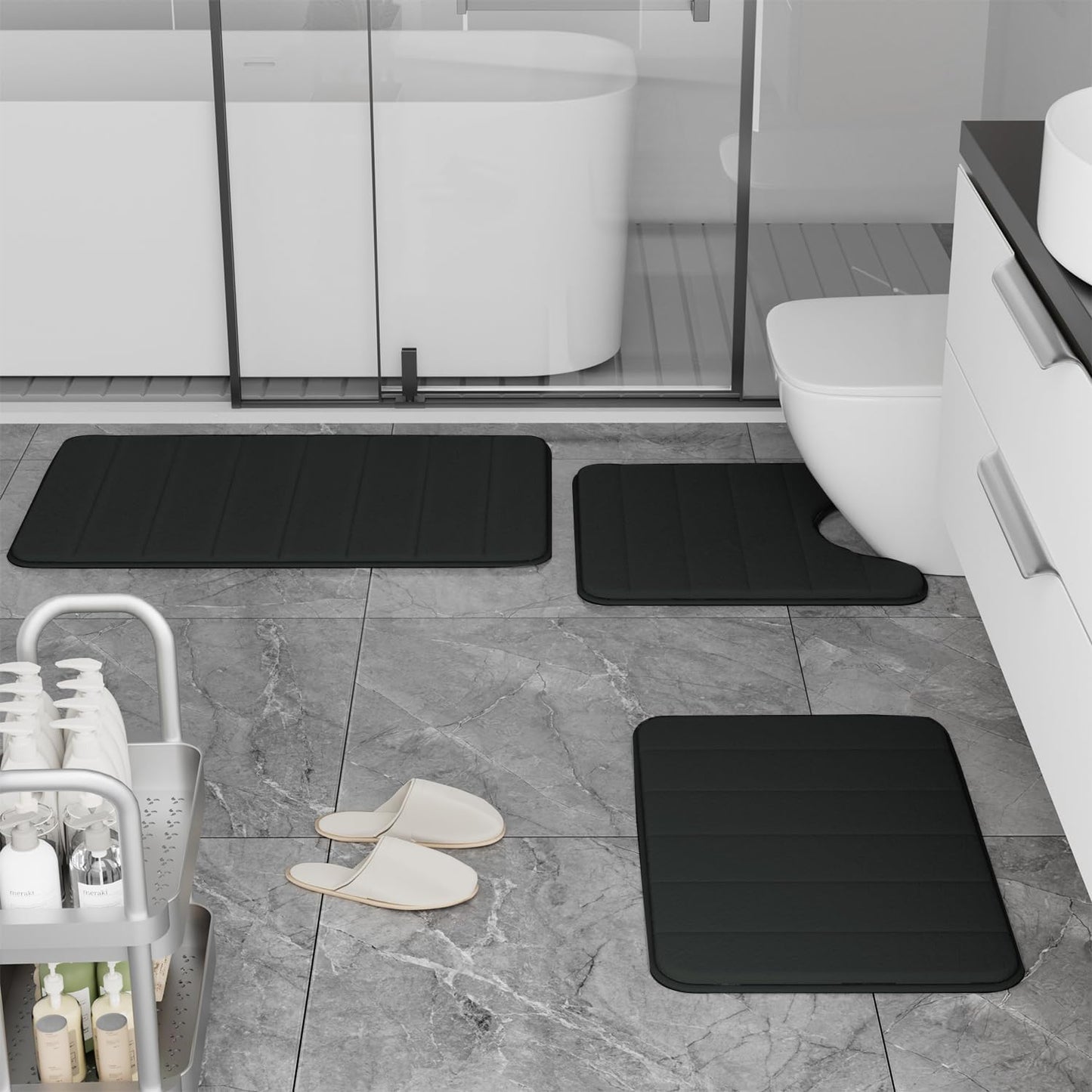 Bathroom Rugs Set Memory Foam Bath Rugs Non-Slip Bath Mat Set 3 Piece,Washable Bathroom Mats,Absorbent Shaggy Rugs Super Soft U-Shaped Toilet Rug,Bahroom Carpets for Bathroom,Tub,Shower（Black）
